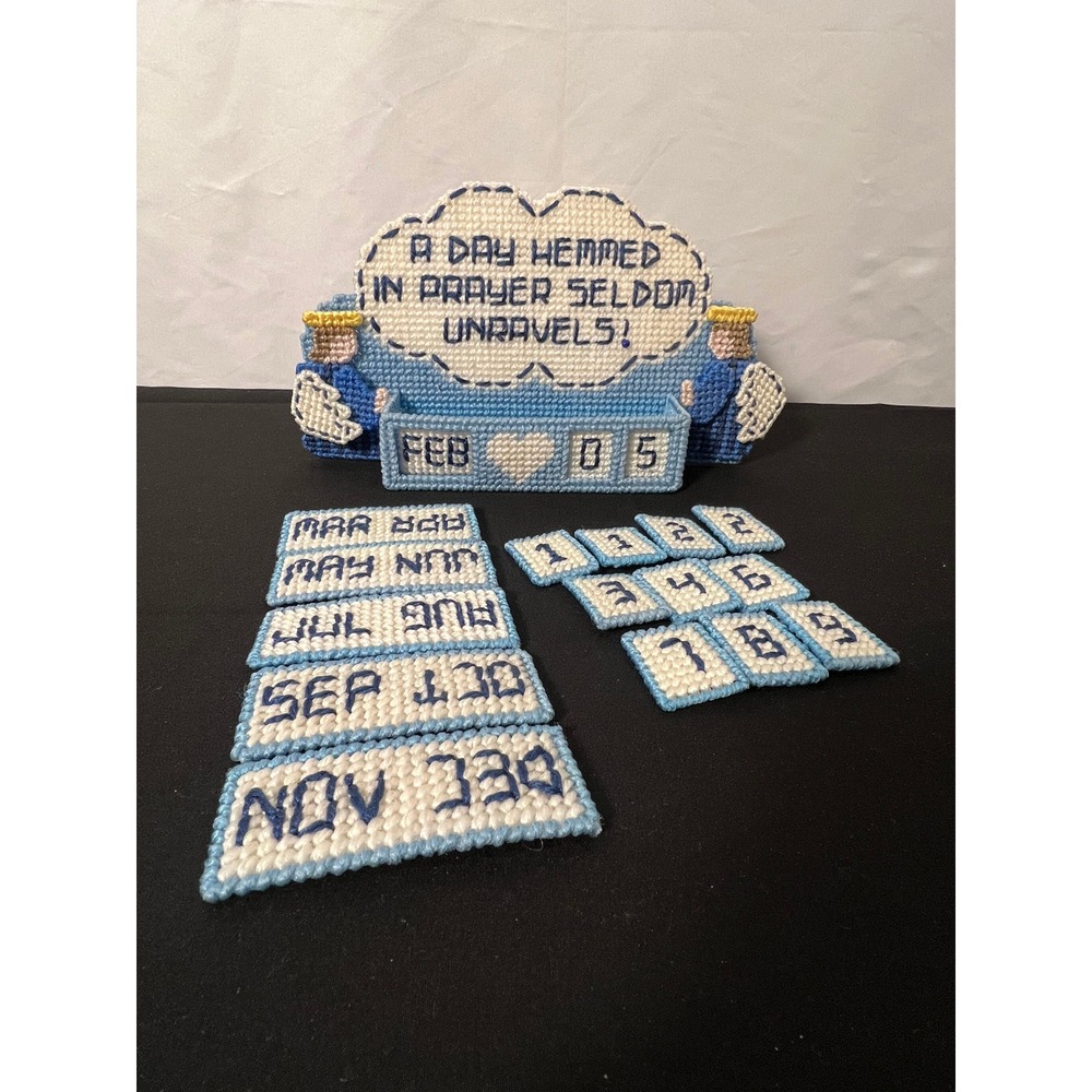 Handmade Plastic Canvas Perpetual Calendar Angel Prayer Religious Blue White
